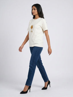 GAIIA - Women White with Golden Cocktail Motif Embellished Regular Fit T-Shirt