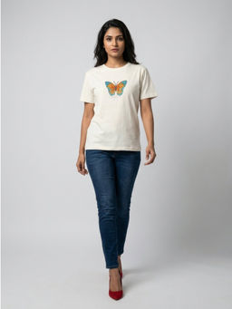 GAIIA - Women White with Multi Butter Fly Embellished Tshirt