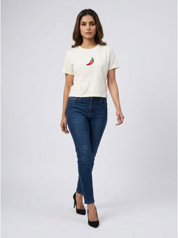 GAIIA - Women White with Red Chilli Motif Embellished Regular Fit T-Shirt