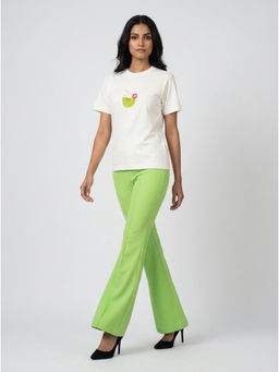 GAIIA - Women White with Green Coconut Drink Motif Cotton T-Shirt