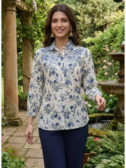 Lakshita - Navy Blue Printed Moss Crepe Shirt for Women
