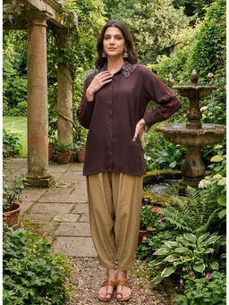 Lakshita - Brown Kutch-Work Embellished Satin Collar Shirt