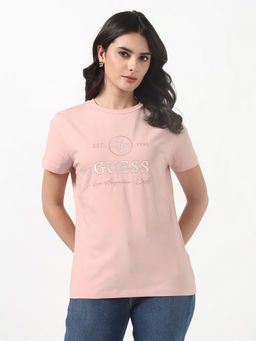 Guess - Women Mid Organic Pink Roses Embroidery Round Neck Half Sleeves Knit T-Shirt