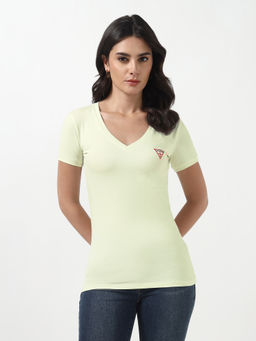Guess - Women Triangle Pastel Lime Solid V-Neck Half Sleeves Knit T-Shirt