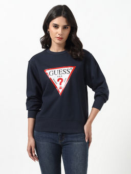 Guess - Women Original Fleece Suiting Blue Round Neck Full Sleeves Knit Sweatshirt