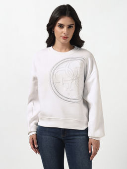 Guess - Women Pure White Embroidery Round Neck Full Sleeves Knit Sweatshirt