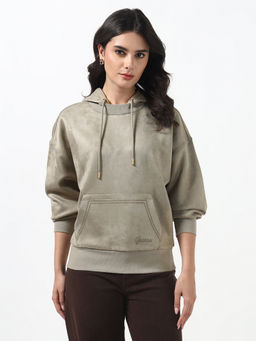 Guess - Women Scuba Sage Leaf Solid Hooded Neck Full Sleeves Knit Sweatshirt