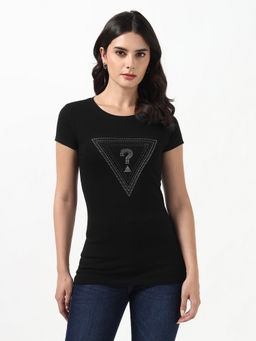 Guess - Women Triangle Jet Black Embellished Round Neck Half Sleeves Knit T-Shirt