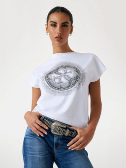 Guess - Women Embellished Logo Round Neck Short Sleeves T-Shirt
