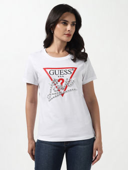 Guess - Women Pearls Love Pure White Embellished Round Neck Half Sleeves Knit T-Shirt