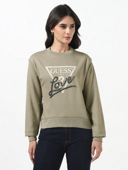 Guess - Women Studded Love Sage Leaf Embellished Round Neck Full Sleeves Knit SweaT-Shirt