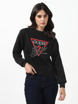 Guess - Women Studded Love Jet Black Embellished Round Neck Full Sleeves Knit Sweatshirt