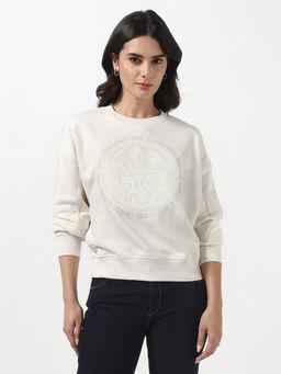Guess - Women Hotfix Muted Stone Embellished Round Neck Full Sleeves Knit Sweatshirt