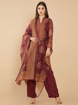 Soch - Wine Machine Embroidery Chanderi Unstitched Dress Material ( Set of 3 )