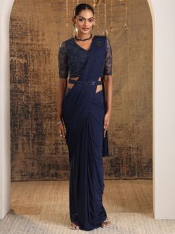 Libas Art - Navy Blue Embellished Draped Saree with Stitched Blouse & Waistbelt