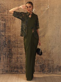 Libas Art - Olive Solid Draped Saree with Stitched Blouse & Waistbelt and Shrug