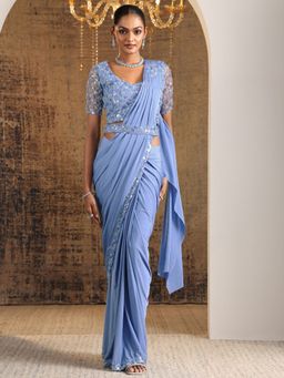 Libas Art - Blue Solid Draped Saree with Stitched Blouse & Waistbelt