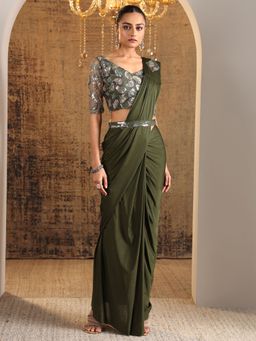Libas Art - Green Solid Draped Saree with Stitched Blouse & Waistbelt