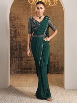 Libas Art - Green Solid Draped Saree with Stitched Blouse & Waistbelt