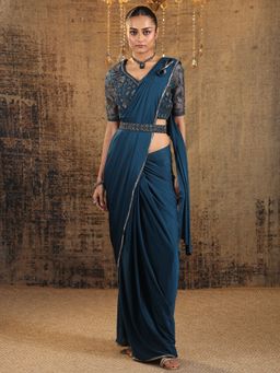 Libas Art - Navy Blue Solid Draped Saree with Stitched Blouse & Waistbelt