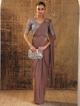 Libas Art - Beige Solid Draped Saree with Stitched Blouse & Waistbelt