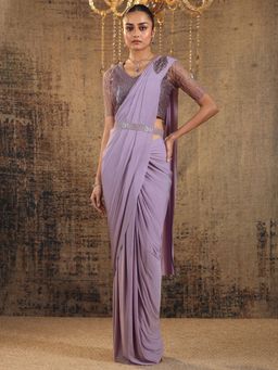Libas Art - Lavender Solid Draped Saree with Stitched Blouse & Waistbelt