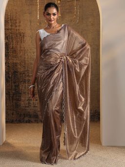 Libas - Brown Beads Embellished Saree with Unstitched Blouse