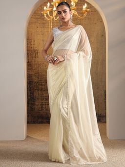 Libas - Off White Beads Embellished Saree with Unstitched Blouse