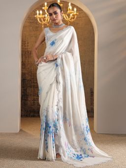Libas - Blue Floral Printed Saree with Unstitched Blouse