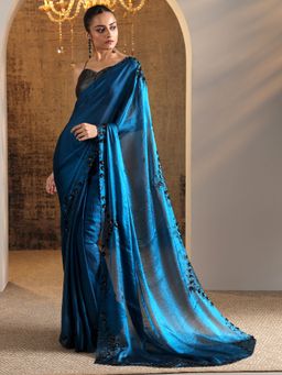 Libas - Navy Blue Solid Saree with Unstitched Blouse