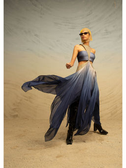 AKHL - Blue Gathered Chiffon Dress with Arc Panels