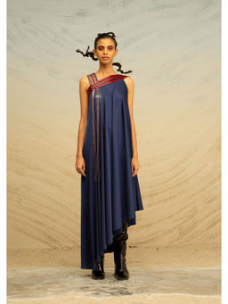 AKHL - Navy Blue Gathered Chiffon Dress with Arc Panels