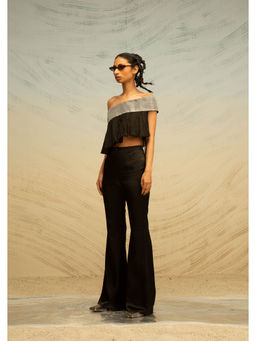 AKHL - Black Grecian Crop Top with Organza Fall Drapes
