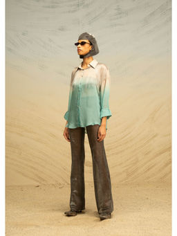 AKHL - Turquoise Silk Chiffon Shirt with Glass Fringes