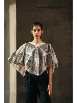 AKHL - Ivory Embroidered Glass and Fringes Poncho