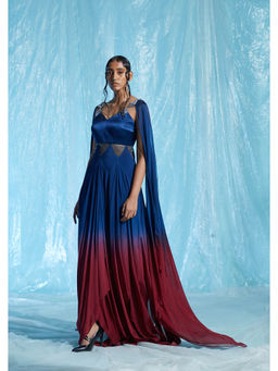 AKHL - Blue Diamond Sequins Gradient Dress with Attached Cape