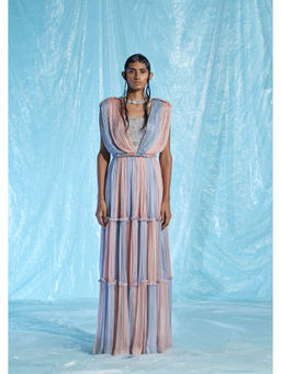 AKHL - Multi-Colour Gathered Chiffon Colour Blocking Dress with Attached Choker