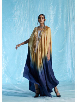 AKHL - Yellow Gathered Satin Kaftan Dress with Sequins Collar