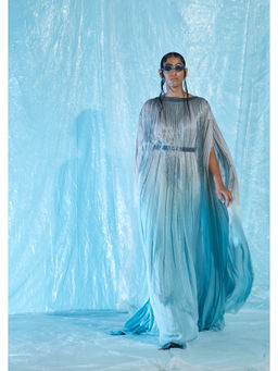 AKHL - Blue Gathered Chiffon Glass Kaftan Dress with Belt (Set of 2)