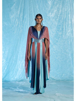 AKHL - Turquoise Satin & Chiffon Dress with Attached Belt