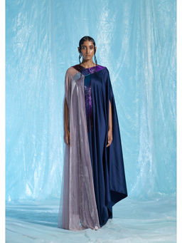 AKHL - Navy Blue Satin & Lurex Glass Kaftan Dress