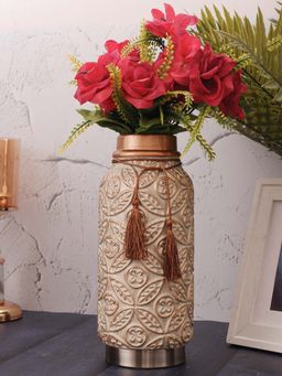 Aarvi Decor - Beige Vintage Inspired Ceramic Cylindrical Shaped Vase