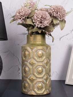 Aarvi Decor - Olive Green Decorative Bold and Vintage Ceramic Cylindrical Shaped Vase