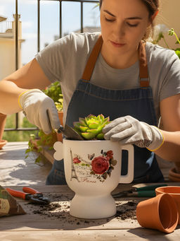 Aarvi Decor - White Glossy Decorative Ceramic Mug Charm Planter Vase for Home and Office