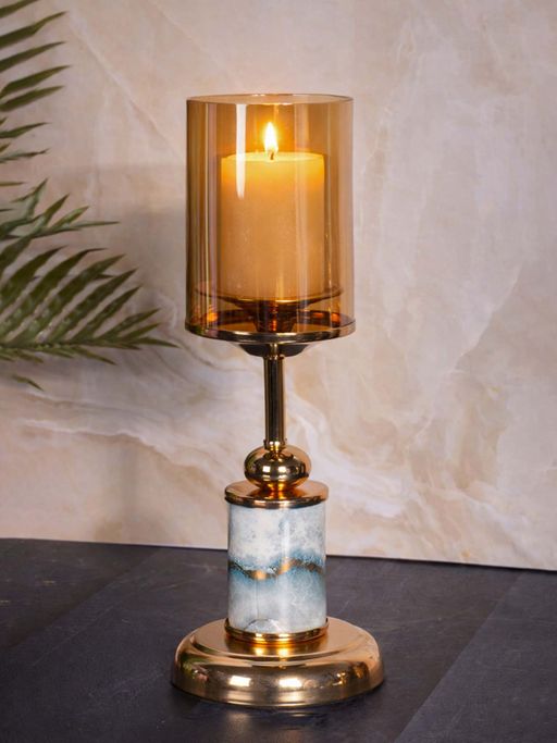 Aarvi Decor Gold Marble Finish Metal Candle Holder