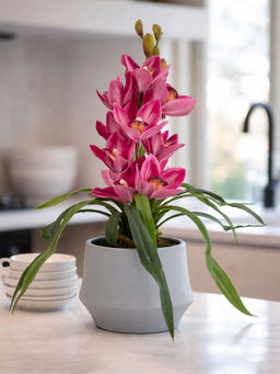 Aarvi Decor - Pink Silk Velvet Orchid Elegance Pot With Flower