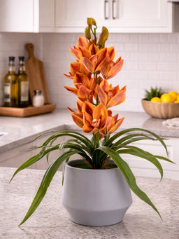 Aarvi Decor - Orange Silk Velvet Orchid Elegance Pot With Flower