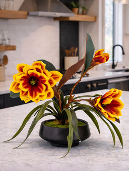 Aarvi Decor - Yellow Faux Leather Magnolia Serenade Arrangement Pot With Flower