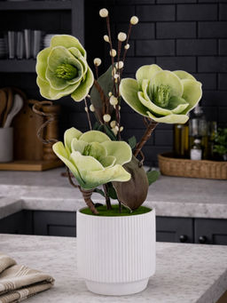 Aarvi Decor - Green Faux Leather Rustic Blossom Harmony Pot With Flower