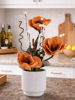 Aarvi Decor - Orange Faux Leather Rustic Blossom Harmony Pot With Flower